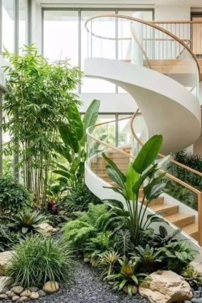 Luxury indoor staircase garden with tall bamboo trees, Bird of Paradise plants, and tropical ferns arranged beneath a white spiral staircase.
