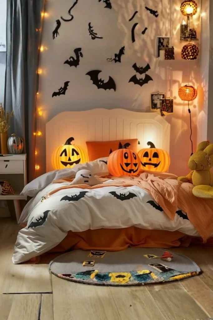 Cozy Halloween bedroom decor featuring bat-patterned white bedding, an orange throw blanket, glowing jack-o'-lantern lights on the bed, black bat decals on the wall, and warm string lights.
