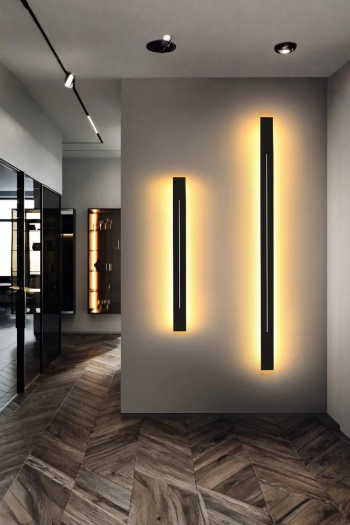 Space-saving home lighting ideas living room small spaces design featuring two sleek, vertical black LED wall sconces casting a warm, glowing ambient light onto a neutral wall.
